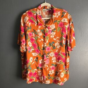 C.M. Shapes Tropical Vintage Orange Floral Button Up Collared Shirt 3X